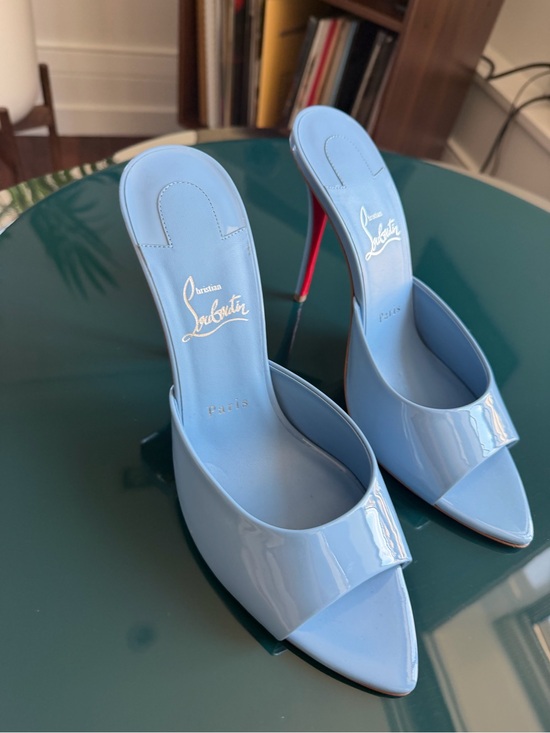 Christian Louboutin Shoes - Christian Louboutin Light Blue Patent Leather Slide Mules with Red Heel